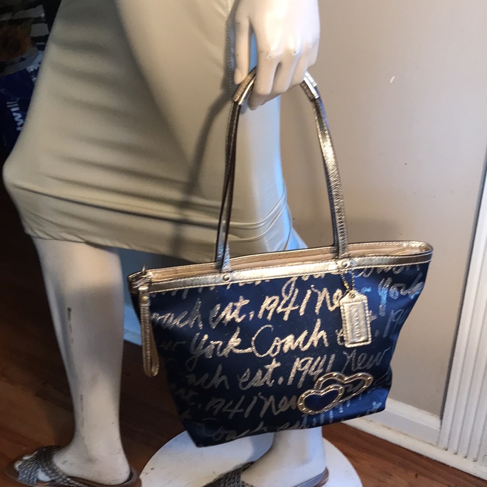 Coach Navy Blue and Metallic Gold Canvas New York Est. 1941 Tote Purse Handbag - Picture 3 of 10